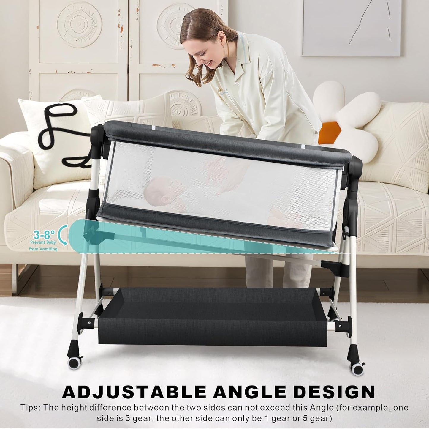 VOOI Baby Bassinet Bedside Sleeper, 3 in 1 Rocking Bassinet for Baby, Bassinet Bedside Sleeper with Wheels, Adjustable Height, Storage Basket, Mattress & Canopy, Bed Side Bassinet for Newborn