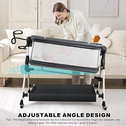 VOOI Baby Bassinet Bedside Sleeper, 3 in 1 Rocking Bassinet for Baby, Bassinet Bedside Sleeper with Wheels, Adjustable Height, Storage Basket, Mattress & Canopy, Bed Side Bassinet for Newborn