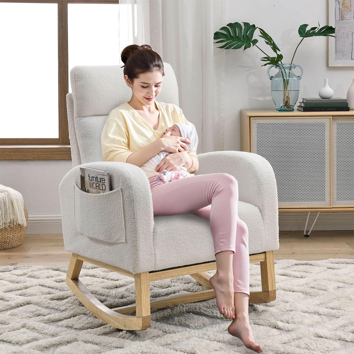 Rocking Chair Nursery, Glider Chair with High Back and Side Pocket, Solid Wood Frame Armchair with Non-Slip Padding for Nursery, Living Room, Bedroom (Ivory)