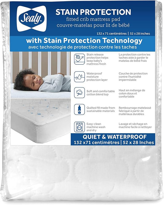 Sealy Baby Stain Protection Waterproof Crib Mattress Protector – Noiseless Fitted Sheet Cover with Quilted Cotton-Blend Top for Comfort – Machine Washable and Easy-to-Clean Toddler Pad, 52 x 28, White