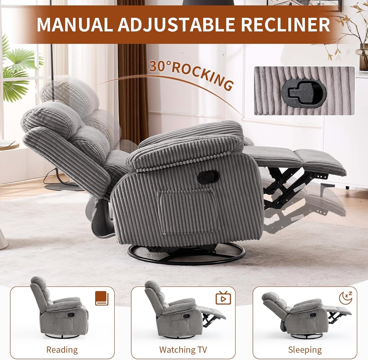 Adult 360° Rocking Recliner Chair，Nursery Rocker Reclining Chair with Side Pocket, a Comfy upholstered Single Sofa Armchair. Suitable for Living Room, Bedroom Nursing use, Velvet Fabric in Beige