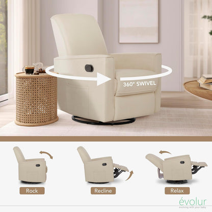Evolur Raleigh Upholstered Manual Glider Recliner– Rocking & 360° Swivel with Smooth Glide – Greenguard Gold & FSC Certified – Modern Nursery and Living Room Chair in Light Sand