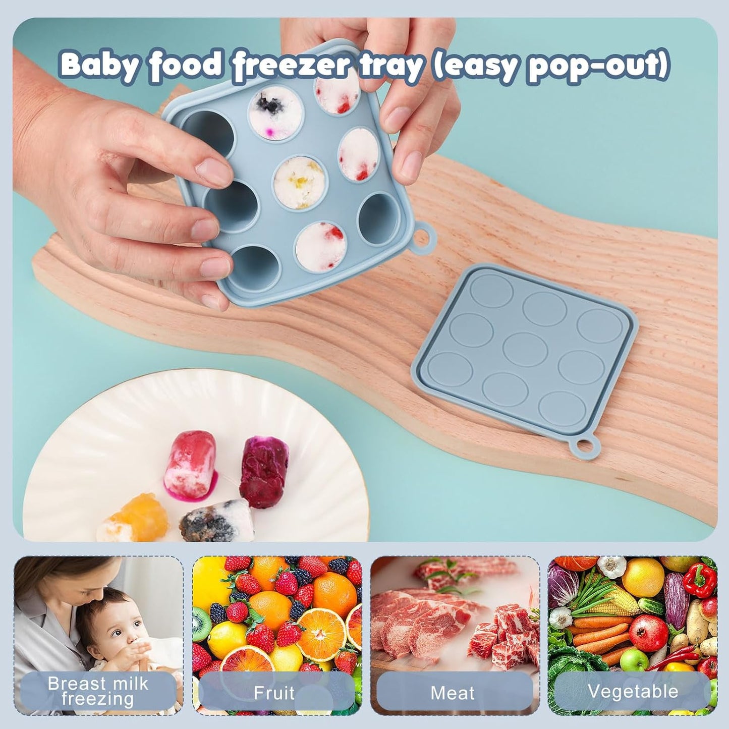 Baby Fruit Food Feeder Breastmilk Popsicle Molds, Silicone Food Freezer Tray for Cooling Teething Relief, Baby Food Feeder for Safe Infant Self Feeding, Includes 3 Extra Food Pacifier