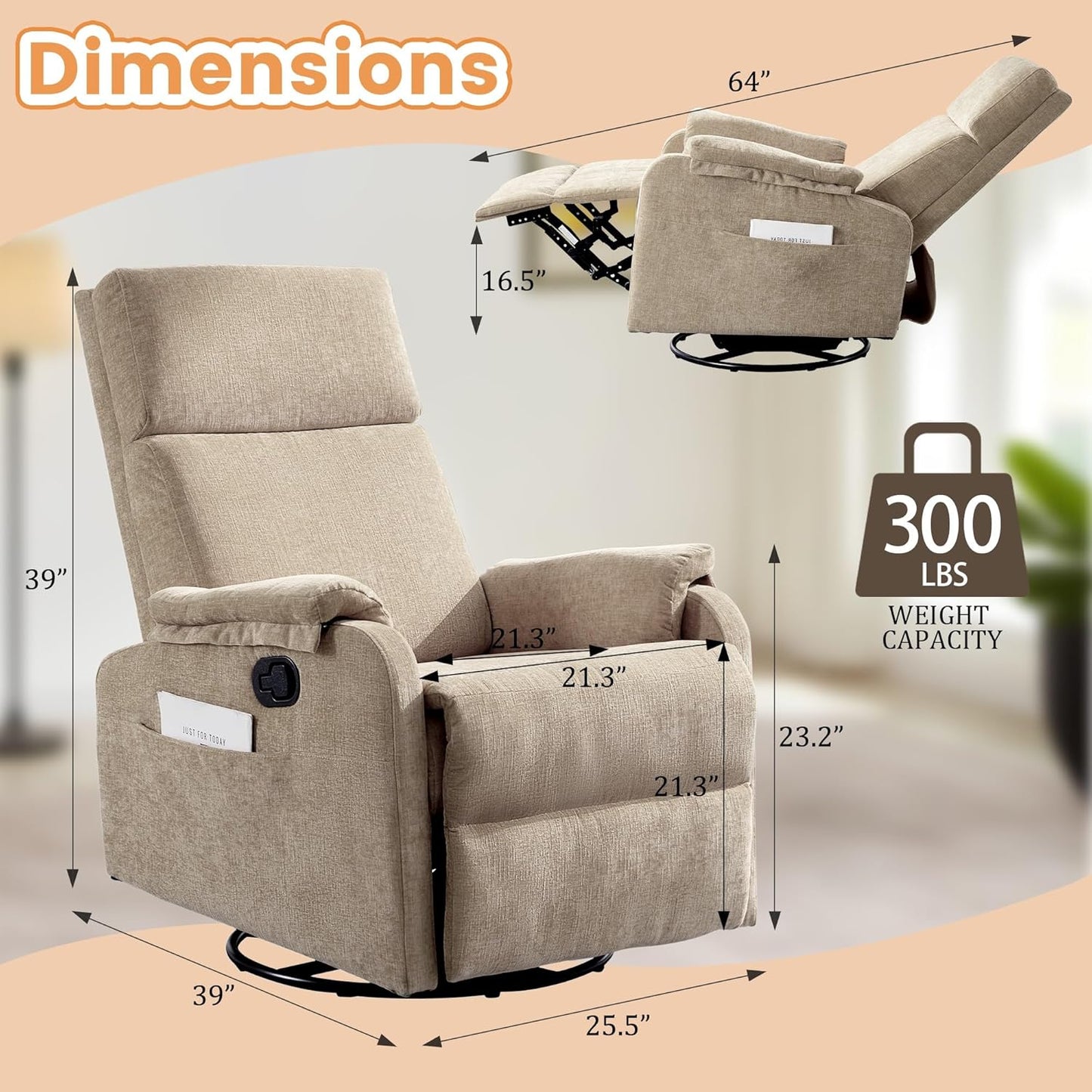Korser Recliner Chair, Swivel Rocking Recliner Chair for Adults, Glider Rocking Chair, Small Nursery Chair Recliner for Living Room, Reclining Chair with Modern-Designed Armrests, Chenille, Beige