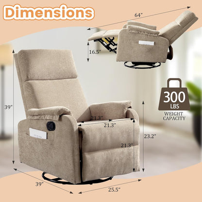 Korser Recliner Chair, Swivel Rocking Recliner Chair for Adults, Glider Rocking Chair, Small Nursery Chair Recliner for Living Room, Reclining Chair with Modern-Designed Armrests, Chenille, Beige