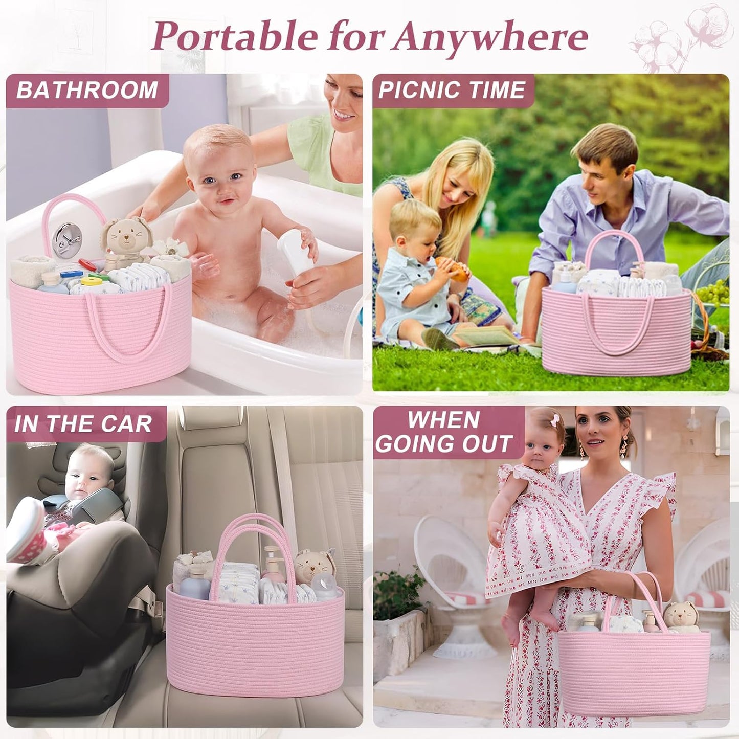 19L Baby Diaper Caddy Organizer, 16.8"x9.8"x9" Cotton Rope Diaper Basket, Changing Table Storage Caddy With Removable Divider, Baby Basket for Nursery, Car, Diapers, Baby Shower Gifts for Newborn