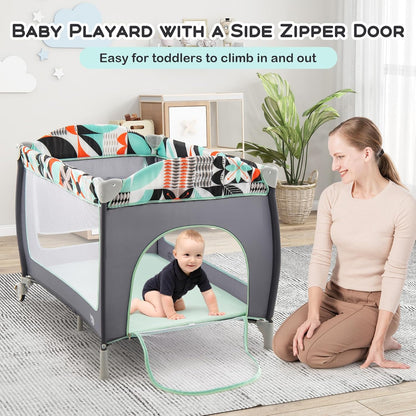 BABY JOY 4 in 1 Pack and Play, Portable Baby Playard with Bassinet, Side Zipper Door, Changing Table, Indoor Outdoor Travel Nursery Center w/Hanging Bar, Lockable Wheels, Carry Bag
