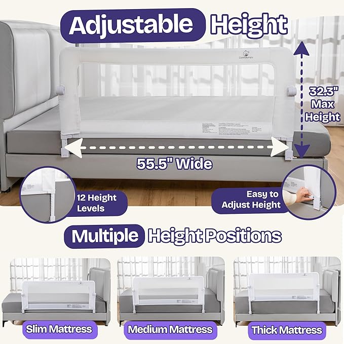 ComfyBumpy Premium Adjustable Bed Rail for Toddlers, Swing-Down Safety Guard, Height Adjusts 24.4"–32.3"H, Extra-Long 55.5", Sturdy Steel & Breathable Mesh, For Twin, Full, Queen & King, White, 1-Pack