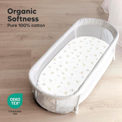 2-Pack Organic Bassinet Sheets for Girls, Boys - 100% Cotton Bassinet Mattress Sheets Compatible with Halo Bassinest Swivel Sleeper, Graco, Baby Delight, Chicco, Unisex Fitted Bassinet Sheets (Elly)