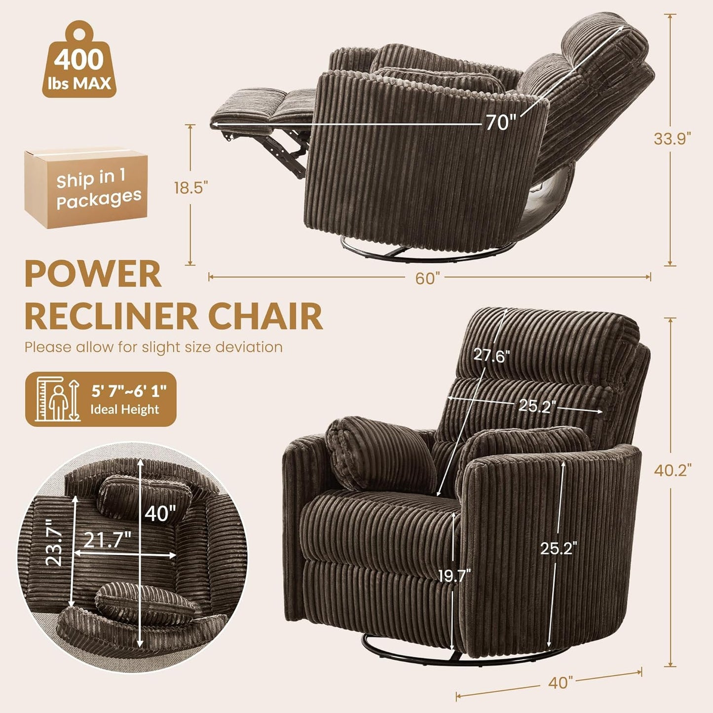GRAINELL Oversize Power Swivel Recliner, 40in Wide Electric Glider Rocking Chair with Headrest Adjustment, USB Port, 270° Swivel, Rock 30° – for Living Room, Nursery, Black (5" 7' to 6" 1' Height)