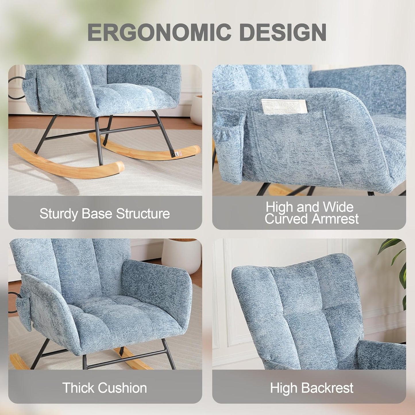 Rocking Chair Nursery with Airbag, Comfy Modern Nursery Rocking Reading Chair indoor with Footrest, Cozy Upholstered Glider Rocker Chairs for Living Room Bedroom Offices(Chenille, Dark Grey)