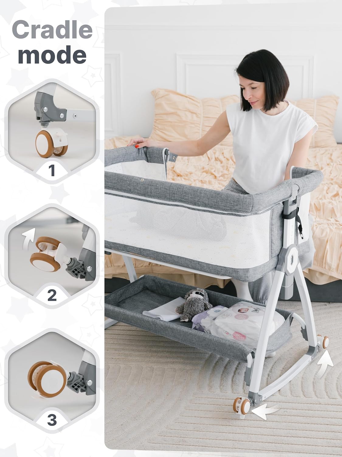 Earth&ME Baby Bassinet Bedside Sleeper with Rocking - All Mesh Portable Bedside Crib for Safe Co-Sleeping, Storage Basket and Wheels, Adjustable Height, Includes Travel Bag, Mosquito Net (Whate, Grey)