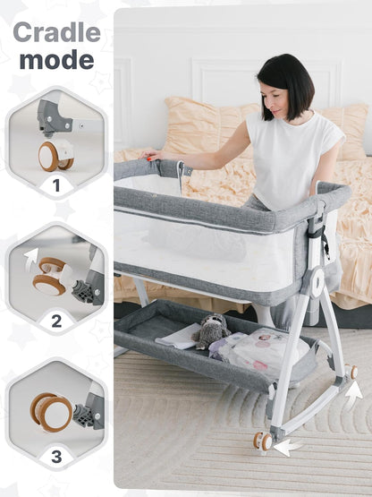 Earth&ME Baby Bassinet Bedside Sleeper with Rocking - All Mesh Portable Bedside Crib for Safe Co-Sleeping, Storage Basket and Wheels, Adjustable Height, Includes Travel Bag, Mosquito Net (Whate, Grey)