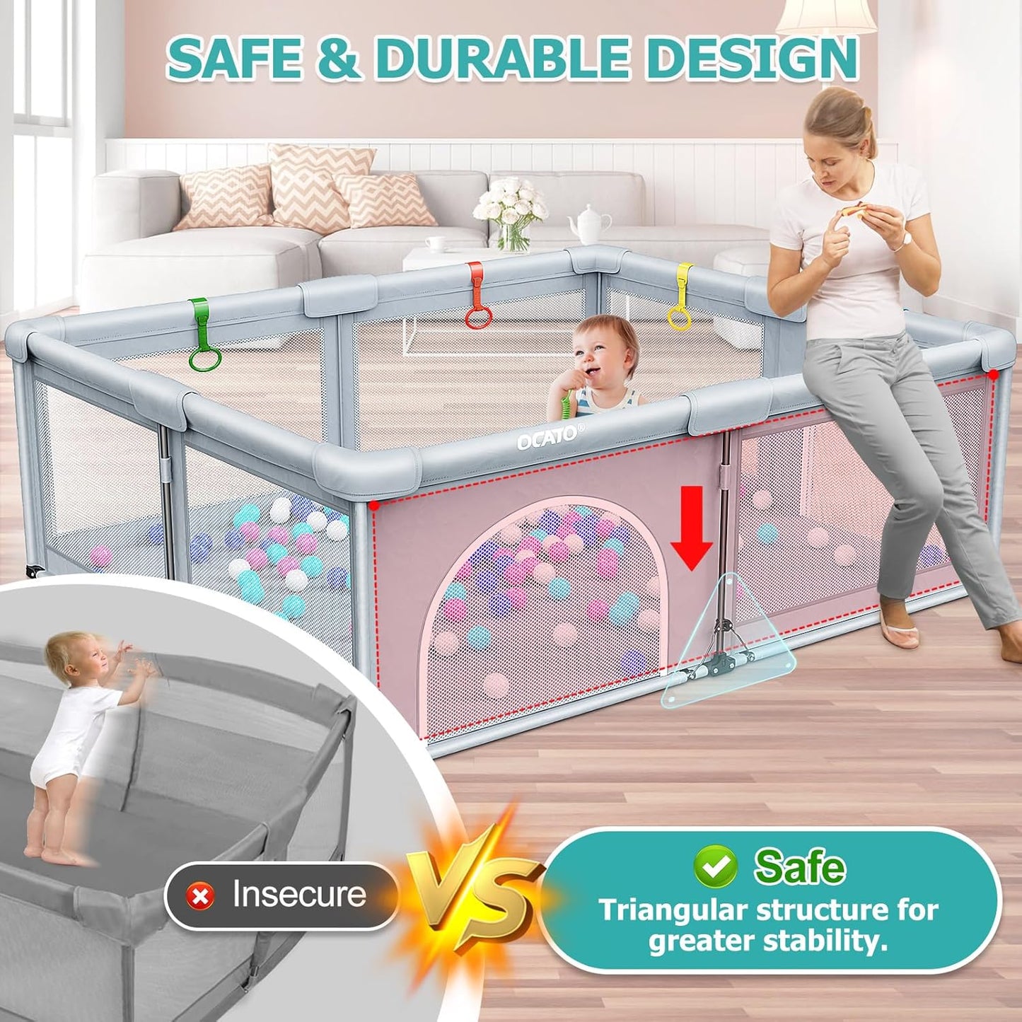 OCATO Baby Playpen Play Pen: Foldable Playpen for Babies and Toddlers Playard for Indoor Outdoor Activity Center Game Fence Safety Area Toddler Play Pen for Babies 6-12 Months Baby Gifts (50" × 50")