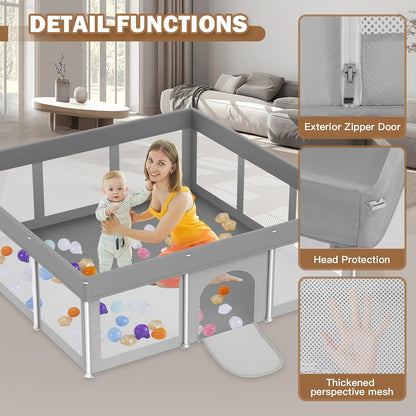 Foldable Baby Playpen 50"×50", Playard for Babies and Toddlers, Portable Safety Baby Fence Lightweight,No Installation, Indoor & Outdoor Playpen with Ocean Balls*50, Grey