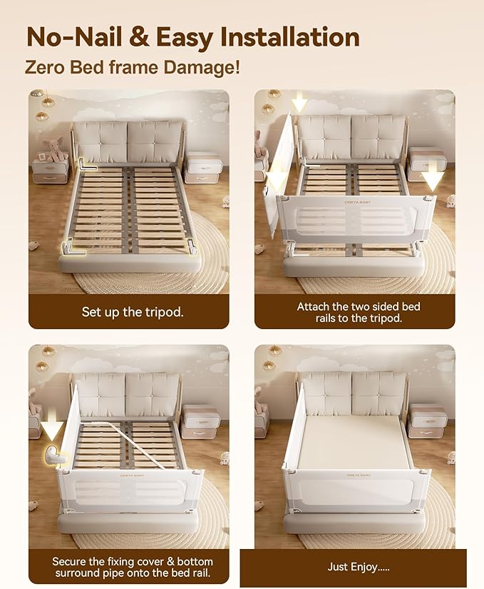 2 Piece Bed Rails for Queen Bed, No-Drill Needed Baby Bed Rail Guard for Toddlers with Height Adjustable, Thickened Child Safety Side Railing Guards/Bedrail for Kids, White/Grey, 60x78.7Inches