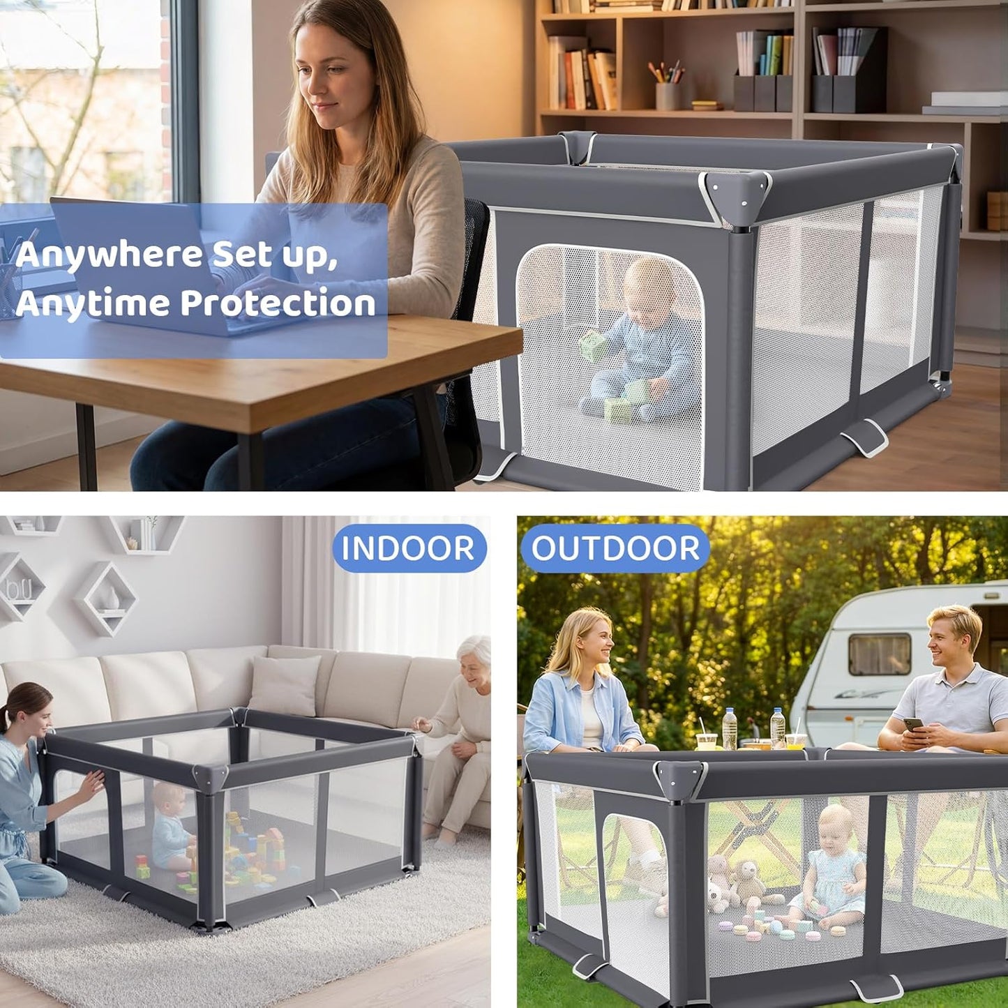 Grobeybees Playpen for Babies and Toddlers, Large Baby Playpen, Playard with Bag, Indoor & Outdoor Play Pen, Sturdy Safety Baby Play Yard with Soft Breathable Mesh (Grey)