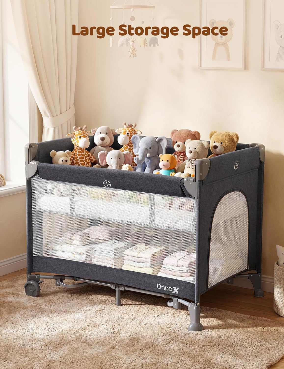 Dripex 5 in 1 Pack n Play Bedside Sleeper, 2-Level Height Baby Crib, Storage Pocket & Breathable Mesh - Foldable Portable Baby Bedside Bassinet for 0 to 12 Months (Travel/Home), Dark Grey