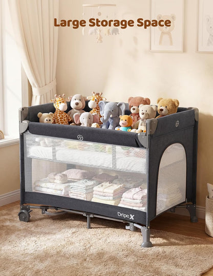 Dripex 5 in 1 Pack n Play Bedside Sleeper, 2-Level Height Baby Crib, Storage Pocket & Breathable Mesh - Foldable Portable Baby Bedside Bassinet for 0 to 12 Months (Travel/Home), Dark Grey