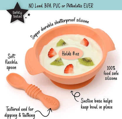 PrimaStella Unbreakable Silicone Non-Slip Bowl and Chew Spoon Set for Babies and Toddlers (Rainbow Swirl)