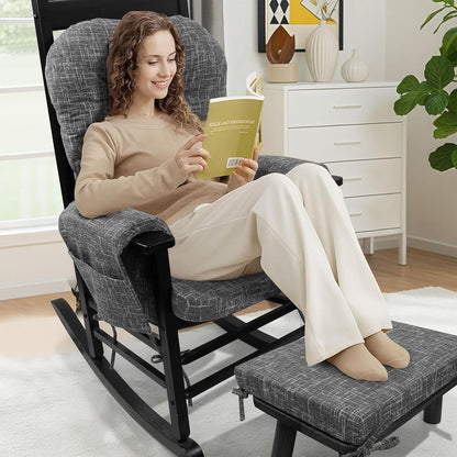 SINOSSO Glider Rocker Cushion Set (5 Pcs), Soft Blended Fabric High-Density Support Foam Seat Cushions with Ties, Fits Rocking Chair/Nursery Glider & Ottoman, Black-Gray