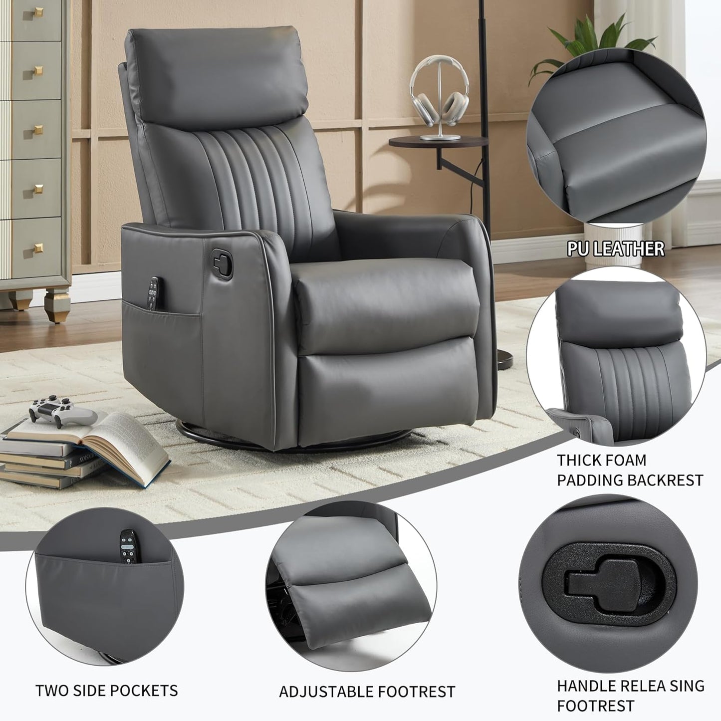 Swivel Rocker Recliner Chair for Adults, Nursery Rocking Chair with Heat and Massage, Glider Reclining Chair for Small Space Living Room Bedroom, Faux Leather Black