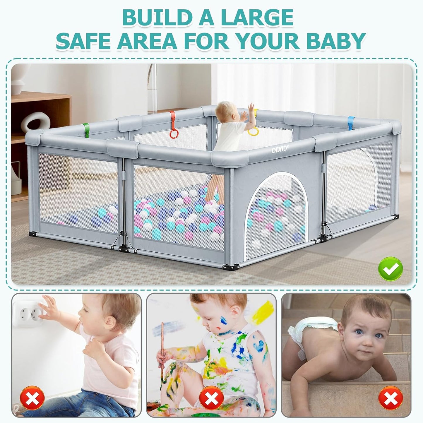 OCATO Baby Playpen Play Pen: Foldable Playpen for Babies and Toddlers Playard for Indoor Outdoor Activity Center Game Fence Safety Area Toddler Play Pen for Babies 6-12 Months Baby Gifts (50" × 50")