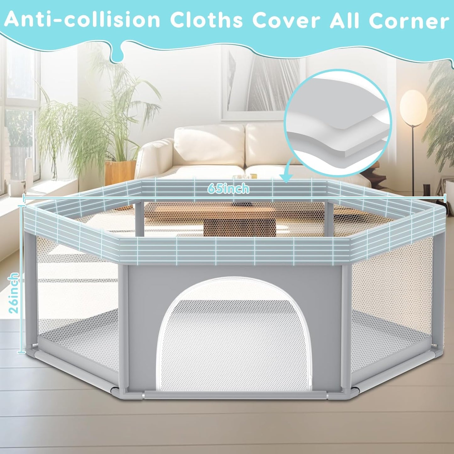 Fshibila 74" ×50" Large Baby Playpen, Baby Playard for Babies and Toddlers, Baby Fence Play Pens for Indoor & Outdoor, Sturdy Safety Play Yard with Soft Breathable Mesh, Anti-Fall, Grey