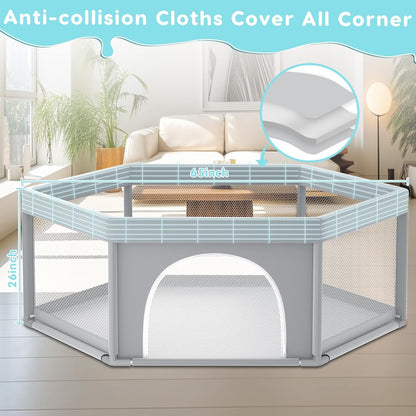 Fshibila 74" ×50" Large Baby Playpen, Baby Playard for Babies and Toddlers, Baby Fence Play Pens for Indoor & Outdoor, Sturdy Safety Play Yard with Soft Breathable Mesh, Anti-Fall, Grey
