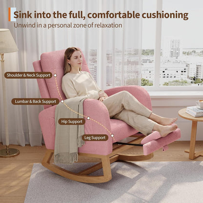 Modern Rocking Chair for Living Room, Comfortable Recliner Rocker with Side Pocket, Soft Linen Upholstered Glider Chair for Bedroom, Nursery, Lounge-Grey