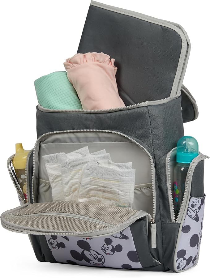 Disney Diaper Bag Backpack with Changing Pad Mickey Mouse – 16” Nylon Baby Bag for Parents, Insulated Bottle Holders, Multiple Storage Pockets