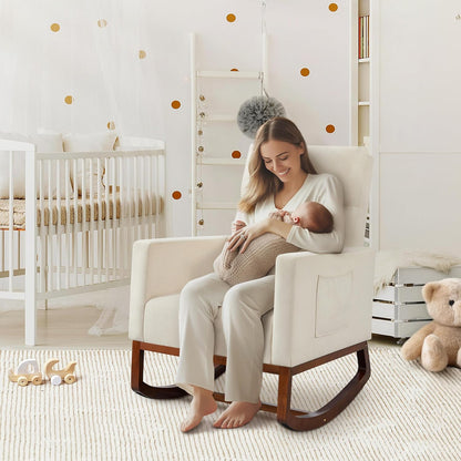 Yaheetech Upholstered Rocking Chair, Boucle Glider Chair Nursery Chair with High Back and Side Pocket, Rocking Accent Armchair with Rubber Wood Legs for Living Room/Bedroom/Nursery, Ivory
