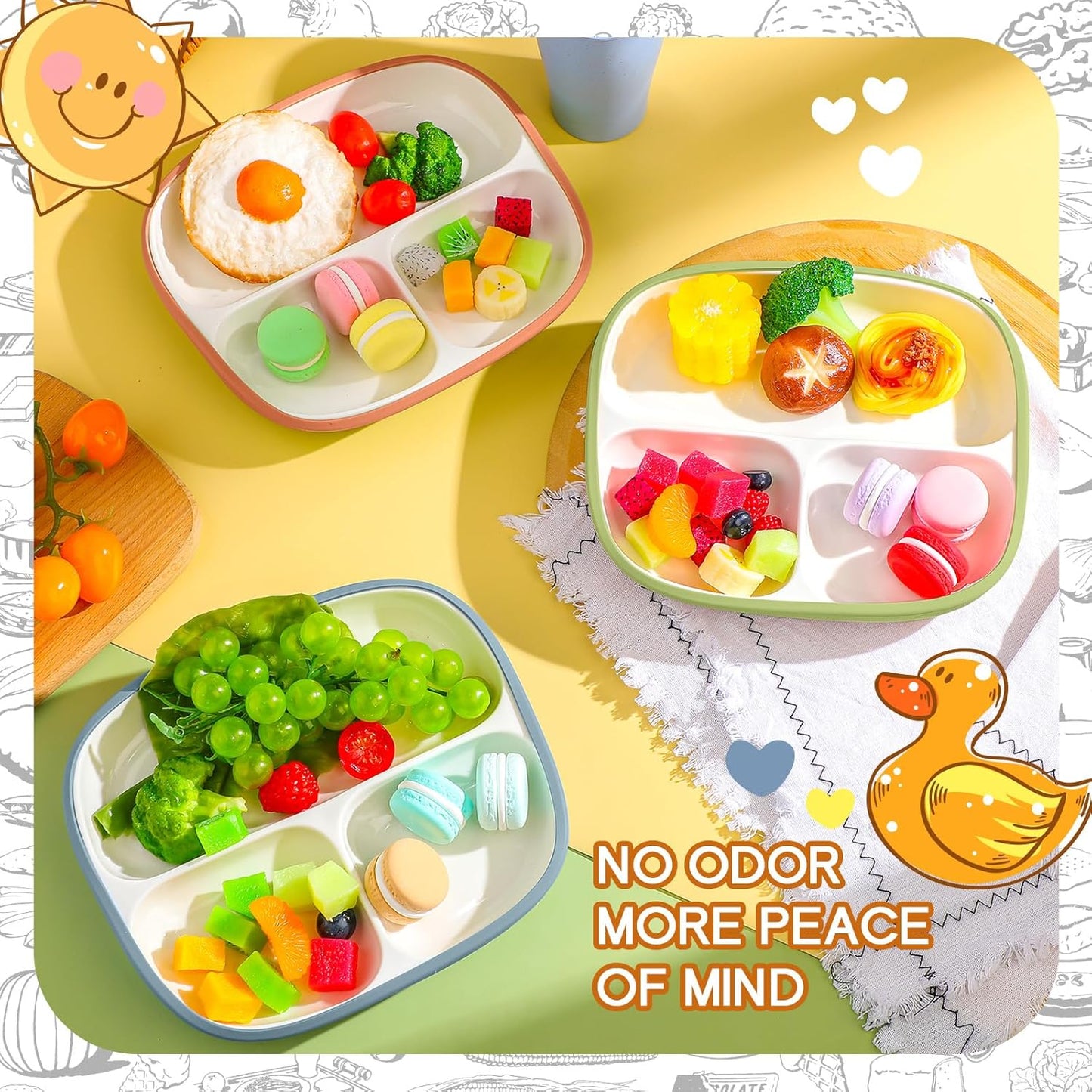 Domensi Kids Porcelain Plates with Silicone Sleeves 8.2 Inch Divided Porcelain Plate Toddler White Suction Dishes for Baby Troubleless Eating Microwave Dishwasher Safe(Stylish,3 Set)