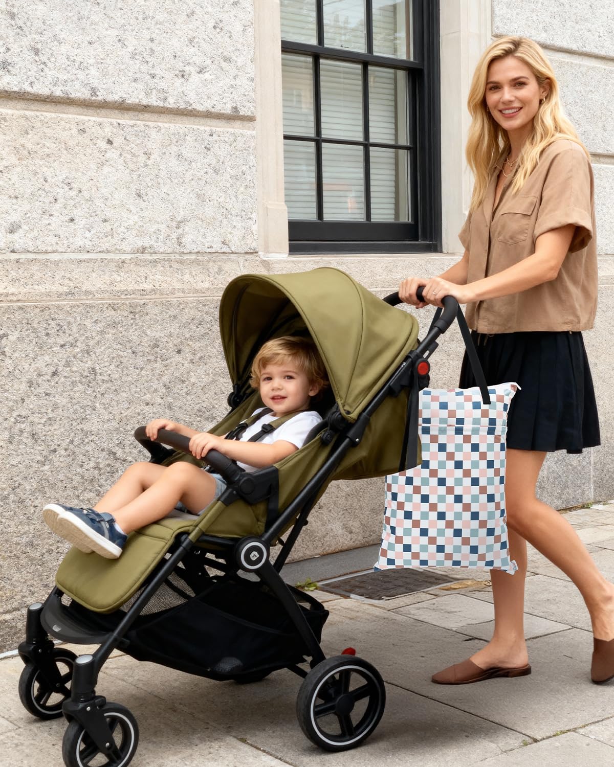 ALVABABY 2 Pack Large Wet Dry Bag Waterproof Hanging Cloth Diaper with Double Zippered Pockets 25x18 inches (Feather & Stripe)