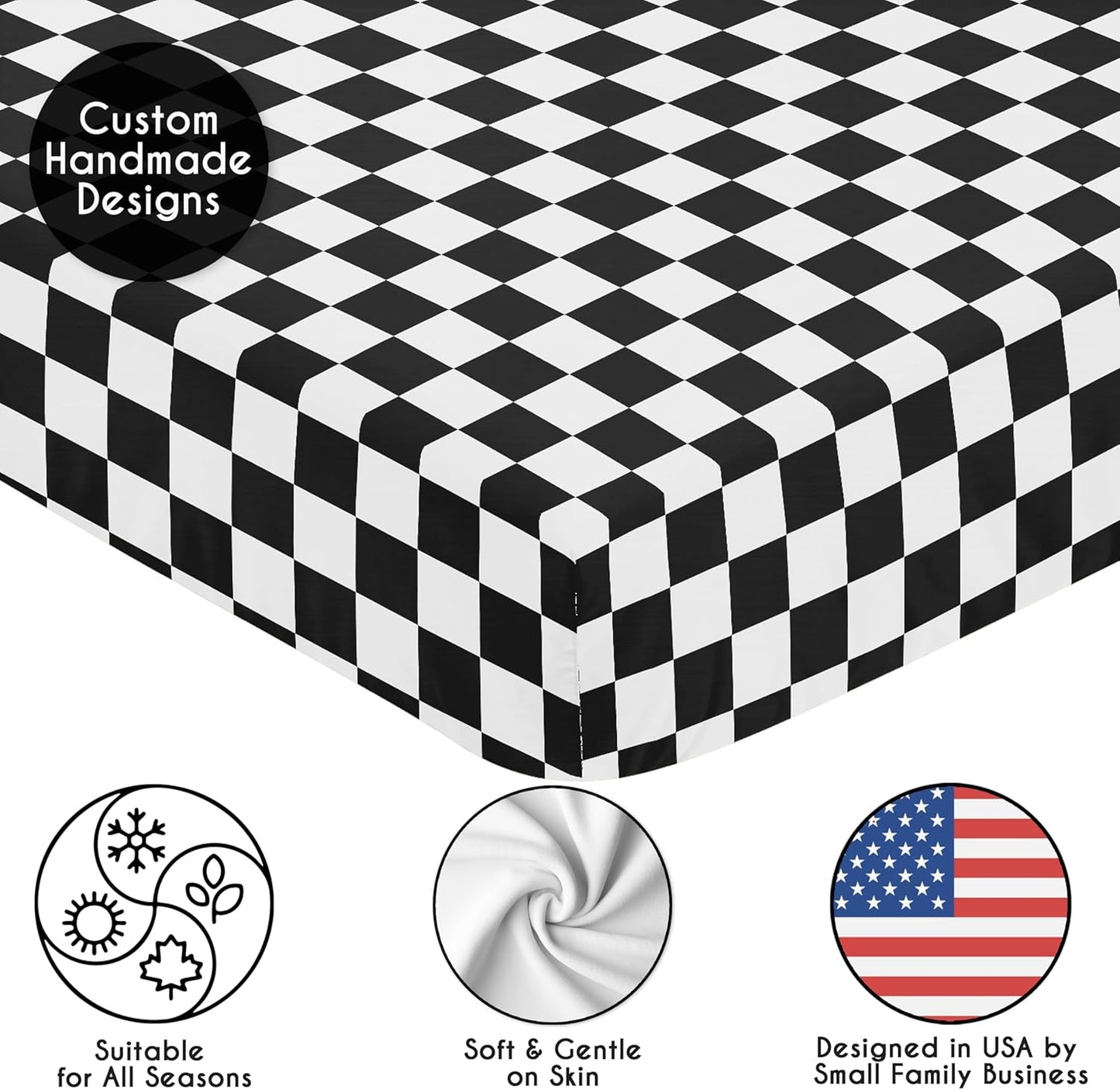 Sweet Jojo Designs 2-Piece Baby Bassinet Sheets Set (Black/White Gingham Checkered Plaid) for Boy/Girl, Infant Newborn Nursery, Oval, Rectangle & Hourglass Mattress (Solid Onyx & Classic Checkerboard)
