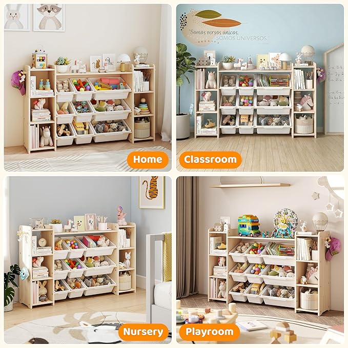 GITAWUSA Toy Storage Organizer, Kids Bookshelf with 6 Shelves, 9 Toy Bins & 6 Hooks | Toy Shelf, Storage Bin Unit, Toy Organization for Playroom, Nursery, Bedroom, Toddler Room | Wood & White
