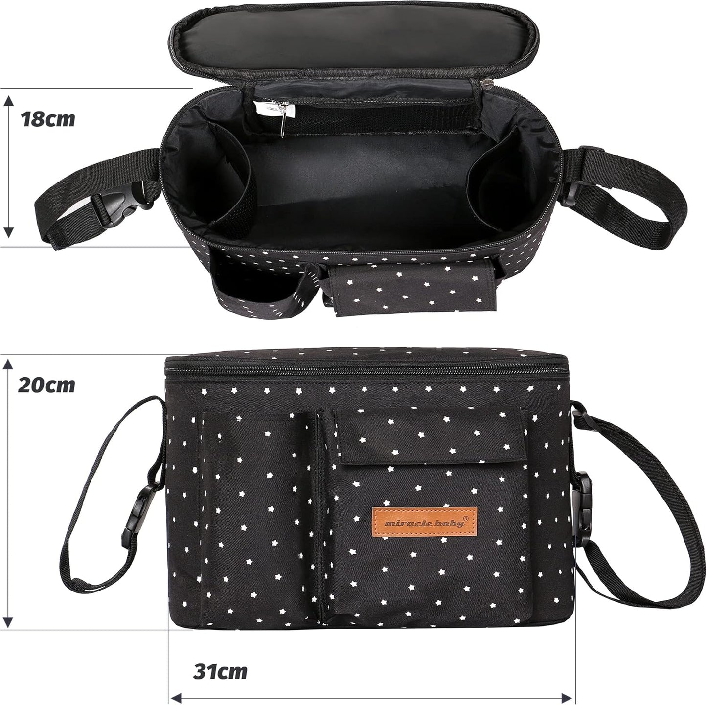 Miracle Baby Stroller Organizer Bag for Mom,Universal Stroller Storage Caddy Diaper Bag- Compatible with Most Stroller - Multifunctional Larg(Grey Star)