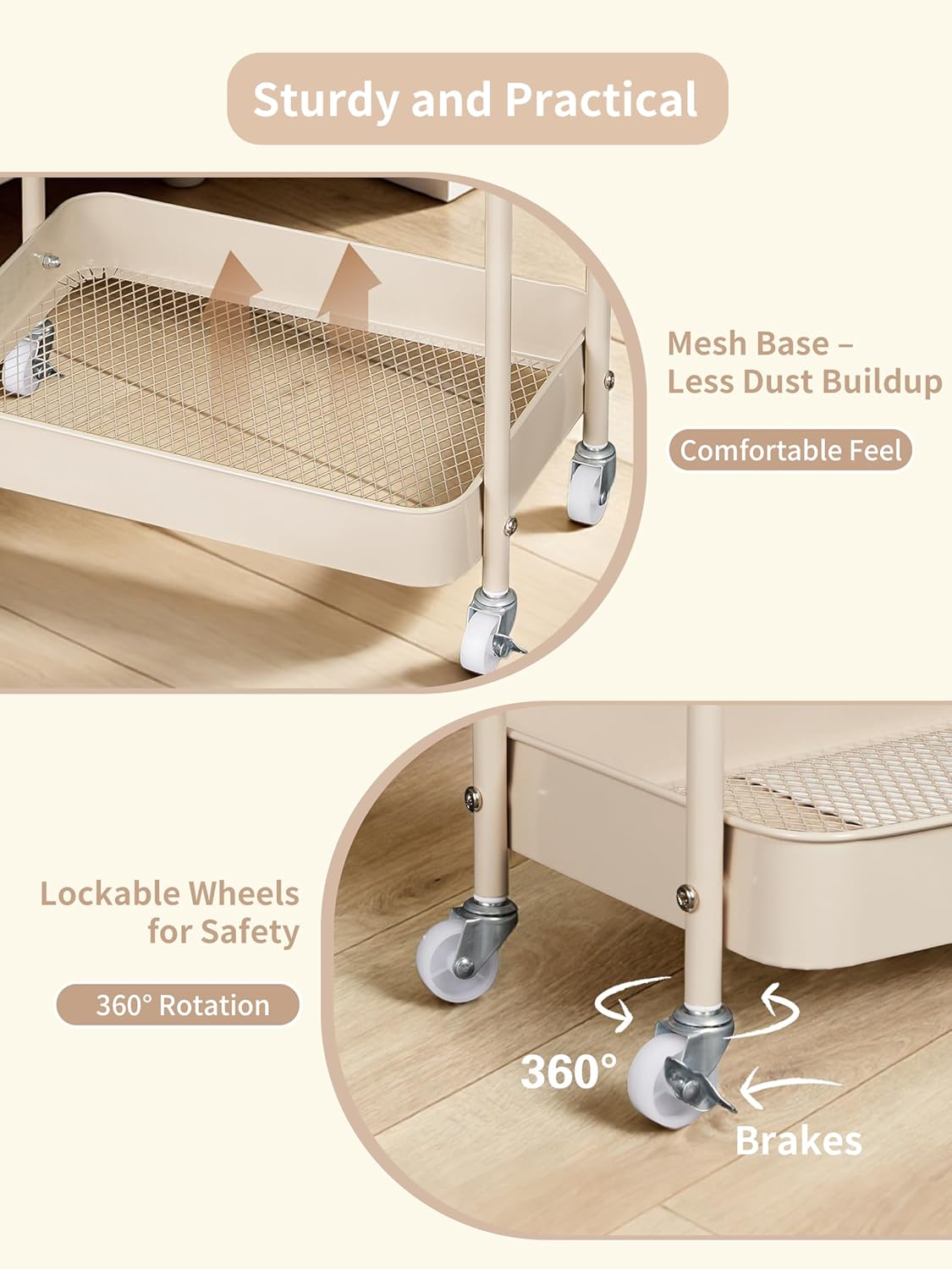Fortella Baby Diaper Caddy, 3 Tier Rolling Storage Cart for Baby Essentials, Diaper Cart with Detachable Dividers, Storage Organizer & Baby Bottle Organizer for Bedroom, Living Room (Beige)