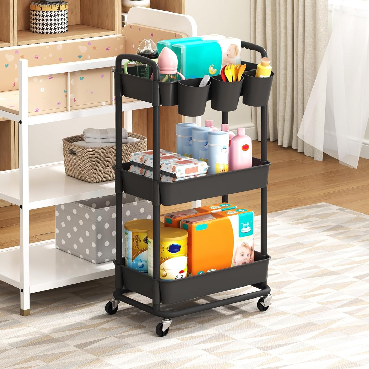 3-Tier Baby Diaper Caddy Organizer Cart with Locking Wheels & Hanging Cups - Rolling Storage Cart for Nursery, Changing Table, Baby Essentials,White