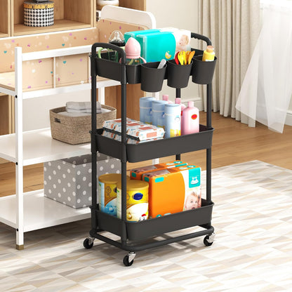 3-Tier Baby Diaper Caddy Organizer Cart with Locking Wheels & Hanging Cups - Rolling Storage Cart for Nursery, Changing Table, Baby Essentials,White