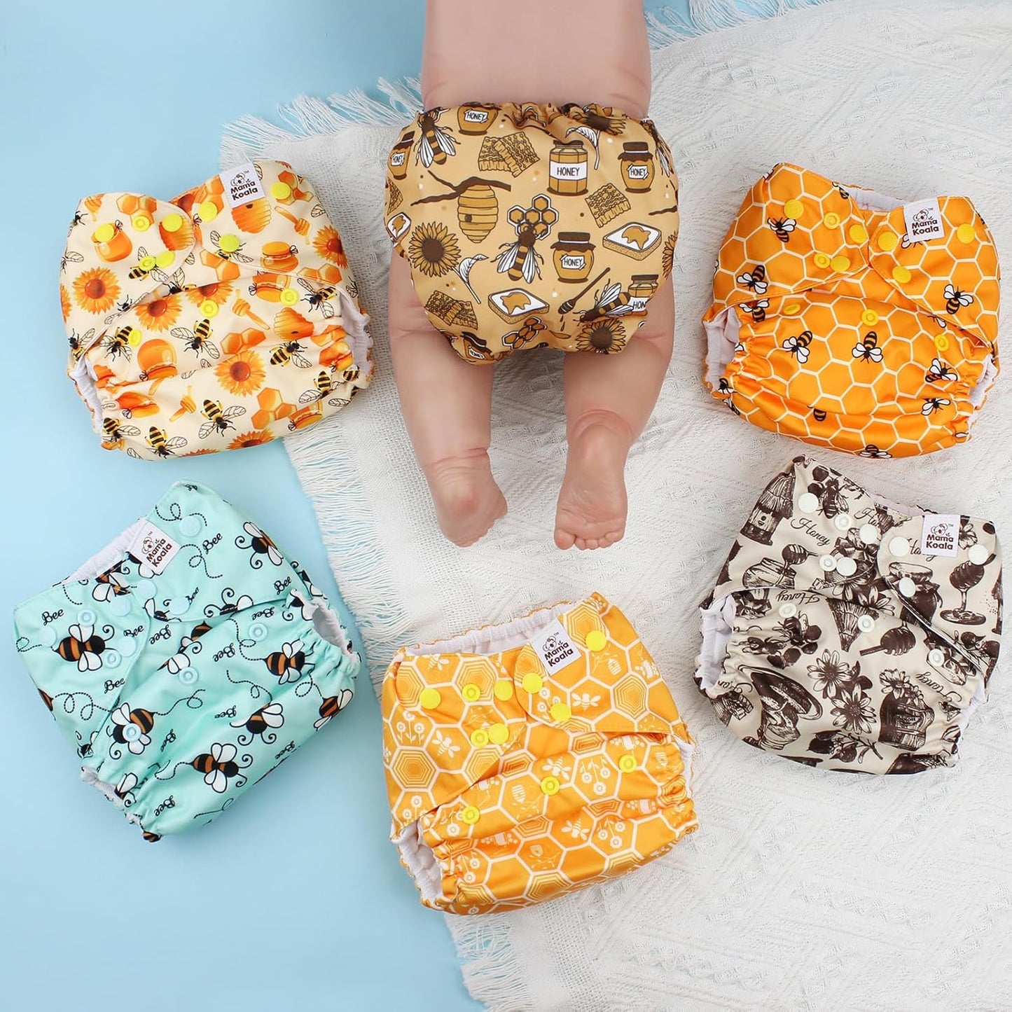 Mama Koala 3.0 Pocket Cloth Diapers for Babies with AWJ Lining, 6 Pack with 6 4-Layer Natural Cloth Diaper Inserts - Reusable and Washable Pocket Diapers(Hardworking Bees) - Colors A