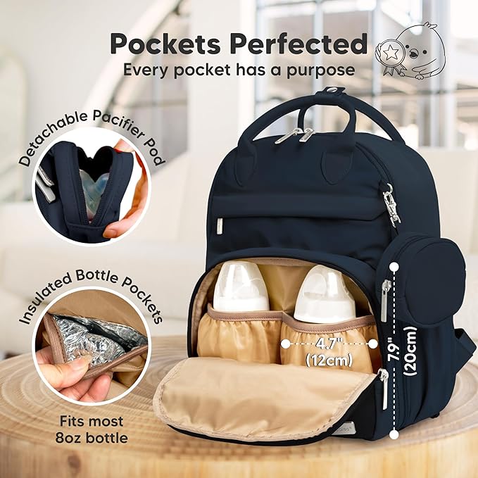 KeaBabies Diaper Bag Backpack - Small Multifunctional Travel Diaper Back Packs, Maternity Baby Changing Bags, 12L Capacity, PU Leather, Waterproof, Unisex, Nappy Changing Pad (Navy Blue, Small)