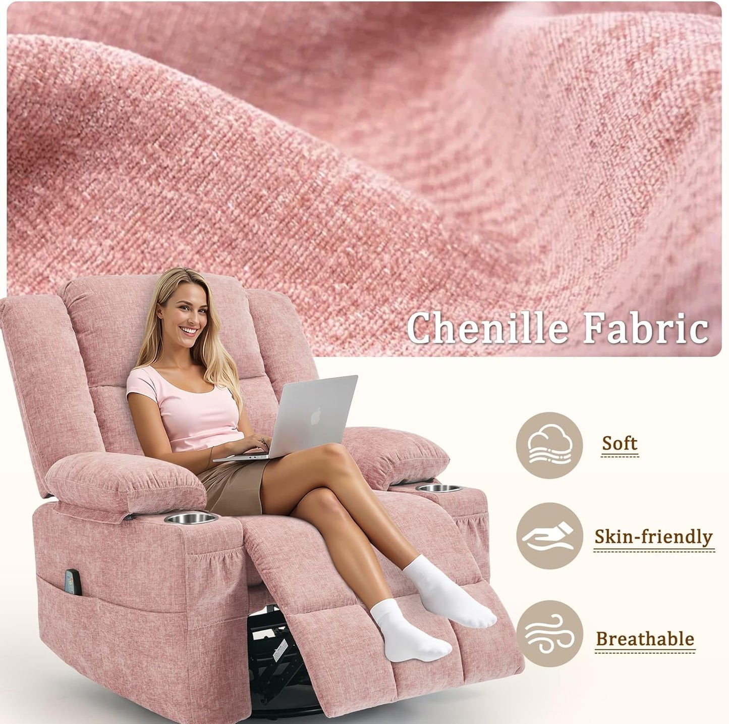 Korser 360° Swivel Rocker Recliner for Adults, Nursery Glider Recliner with Massage and Heating, Rocking Chair with Cup Holder, Manual Recliner Chair for Living Room, Bedroom (Fabric, Beige)