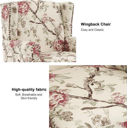 Swivel Rocker Recliner Chair, Manual Nursery Glider Recliner, Floral Fabric Wingback Accent Chair with Adjustable Backrest & Footrest for Small Spaces Living Room Bedroom (Plants Floral, Set of 1)
