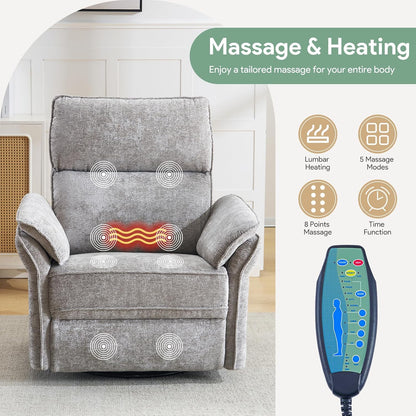 Oversized Swivel Rocker Recliner with Adjustable Headrest, Rocking Chair Nursery with Overstuffed Armrest, Manual Rocker Recliner Nursery Chair for Living Room, White