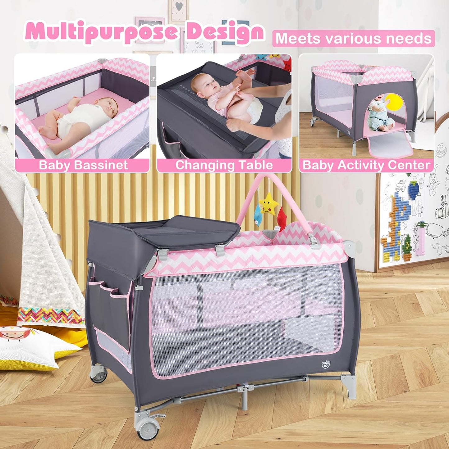 BABY JOY 4 in 1 Pack and Play, Portable Baby Playard with Bassinet, Side Zipper Door, Changing Table, Indoor Outdoor Travel Nursery Center w/Hanging Bar, Lockable Wheels, Carry Bag