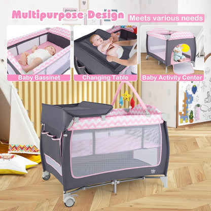 BABY JOY 4 in 1 Pack and Play, Portable Baby Playard with Bassinet, Side Zipper Door, Changing Table, Indoor Outdoor Travel Nursery Center w/Hanging Bar, Lockable Wheels, Carry Bag
