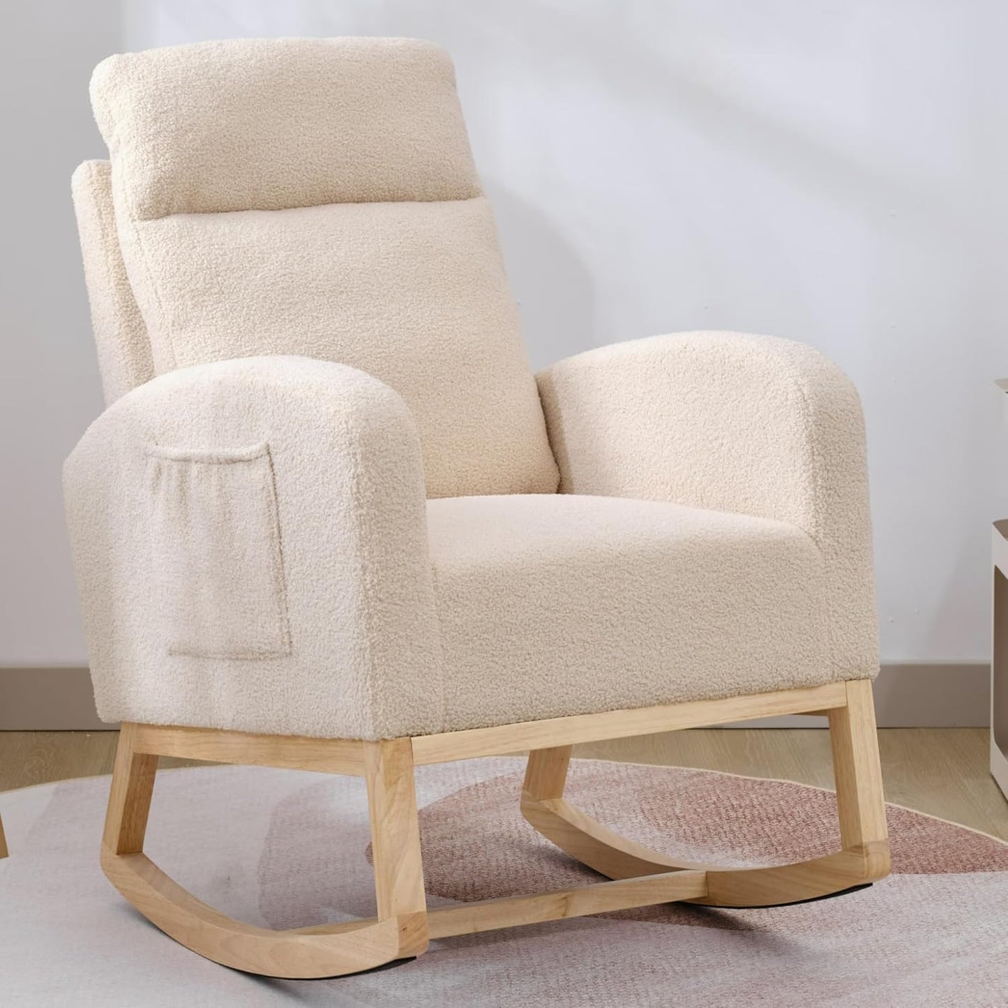 Nursery Rocking Chair with Solid Wood Legs, Glider Chair for Nursery with Two Side Pockets, Rocker Armchair for Living Room Bedroom (Ivory White, Teddy Fabric)