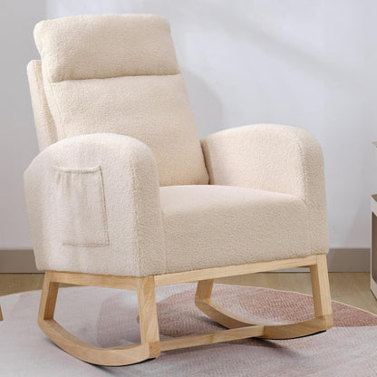 Nursery Rocking Chair with Solid Wood Legs, Glider Chair for Nursery with Two Side Pockets, Rocker Armchair for Living Room Bedroom (Ivory White, Teddy Fabric)