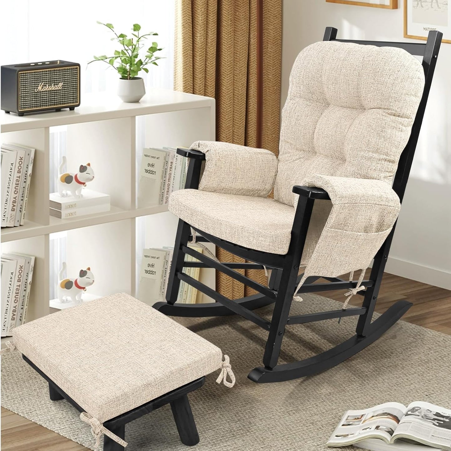 SINOSSO Glider Rocker Cushion Set (5 Pcs), Soft Blended Fabric High-Density Support Foam Seat Cushions with Ties, Fits Rocking Chair/Nursery Glider & Ottoman, Black-Gray
